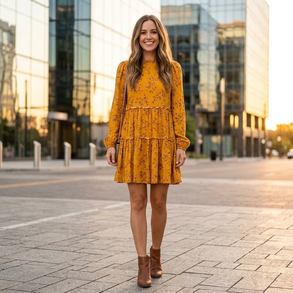 True Craft Gold Yellow Floral Tiered Ruffles Babydoll Dress‎ Women's Small Boho